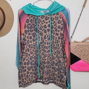 Crazy Train Leopard Serape Print Turqoise Hoodie Womens size medium cotton blend